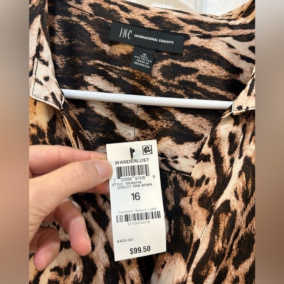 NWT I.N.C. Satin Animal Print Dress Button Front Belted With Pockets Size 16 - Picture 3 of 10